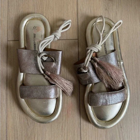 Johnston & Murphy Zoey Boho Leather Tassel Sandals • Bronze Metallic Slide - Picture 2 of 6